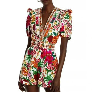 Farm Rio Floral Puff Sleeve Belted Romper M Short Sleeve Mini Dress Flowerful